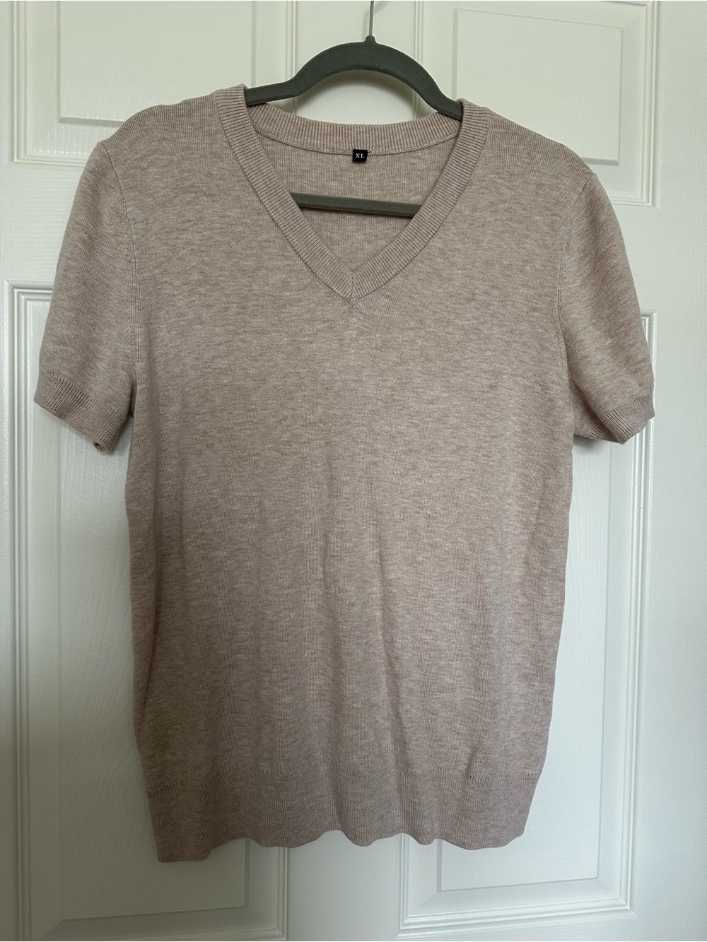V-Neck Short Sleeve Sweater in Light Taupe